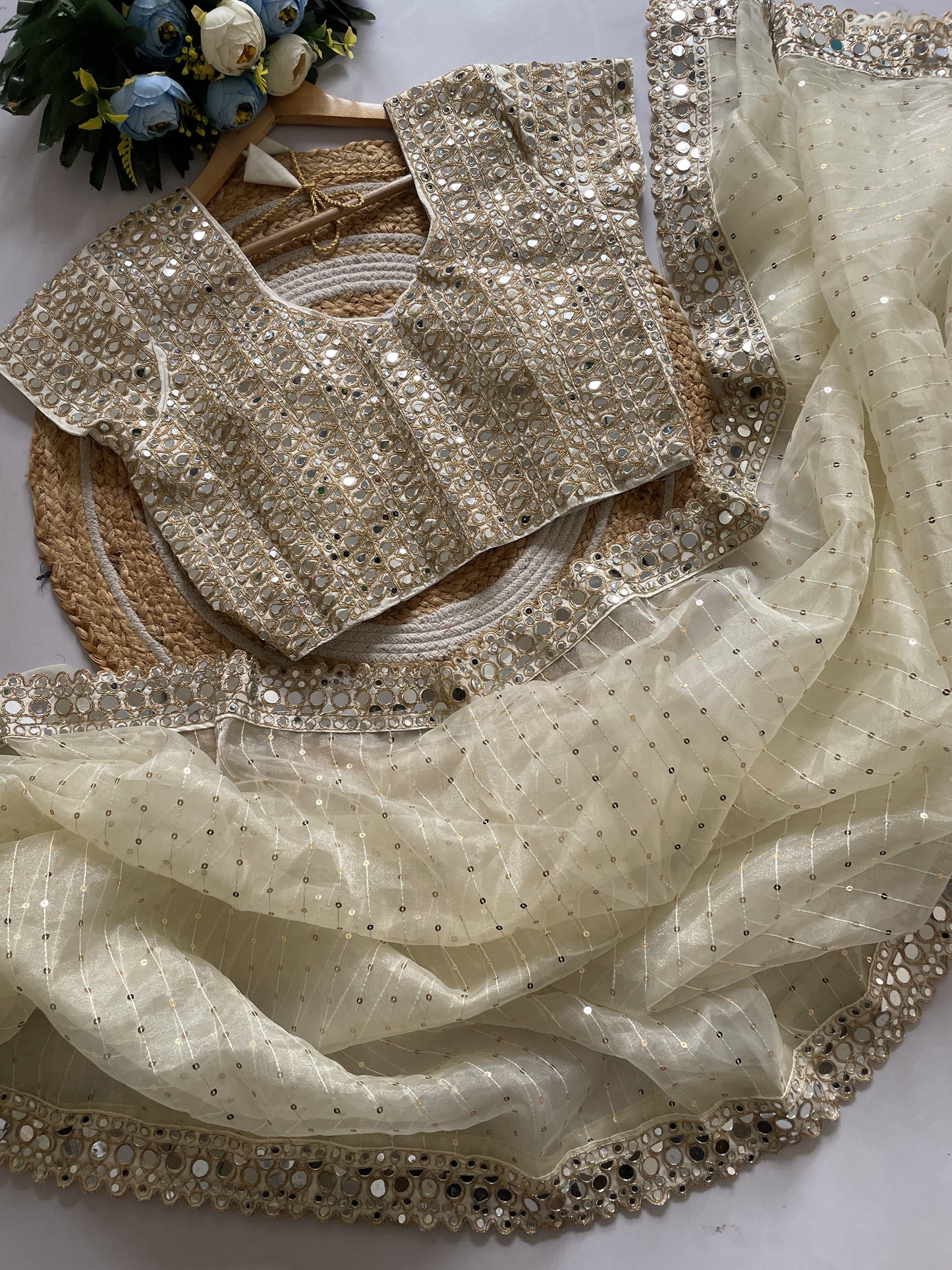 New Bollywood Blockbuster Original Mirror Work Organza Saree β DF 3450