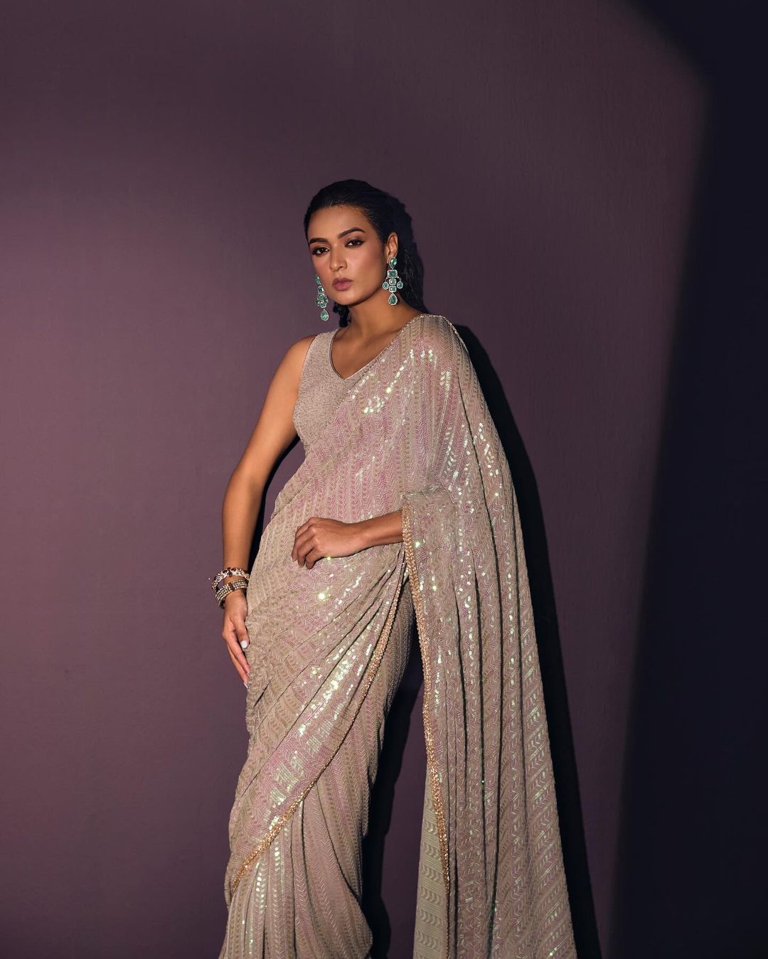 Bollywood Designer Sequin Saree – Rainbow 5MM Work | Georgette Fabric | DF 3416