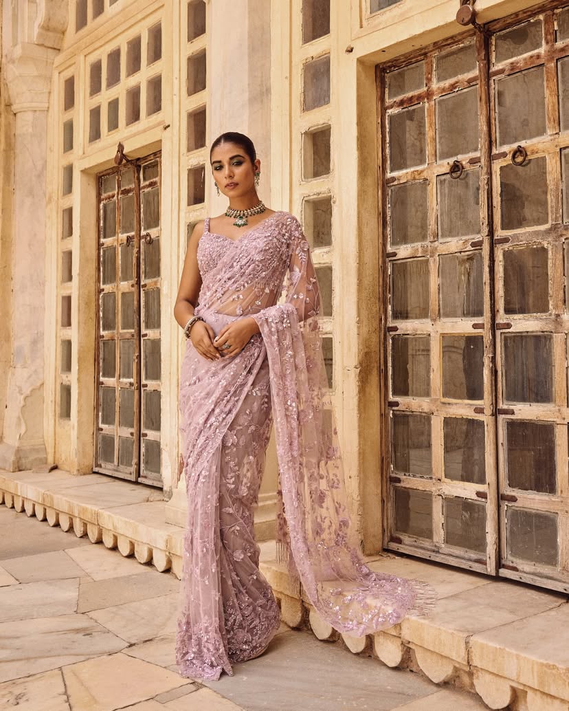 Bollywood Blockbuster Net Saree ā Heavy Multi & Sequin Embroidery with Glass Tassels | DF 3435