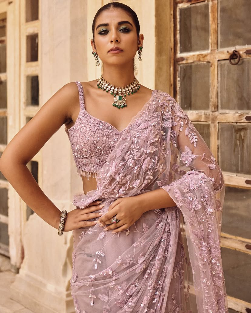 Bollywood Blockbuster Net Saree ā Heavy Multi & Sequin Embroidery with Glass Tassels | DF 3435