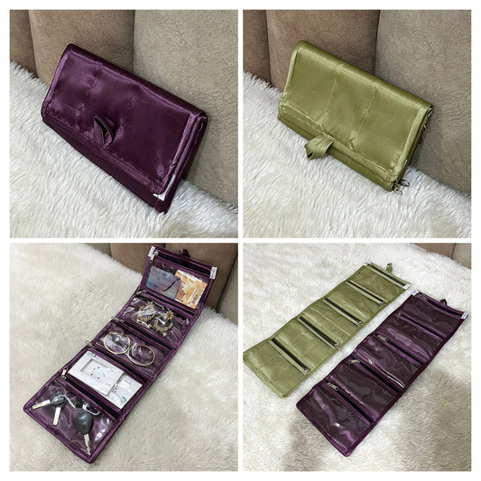 Pocket cum Hanging Organizer – 5 Zipper Pockets | Satin & PVC | Olive Green / Wine (5 Pieces)