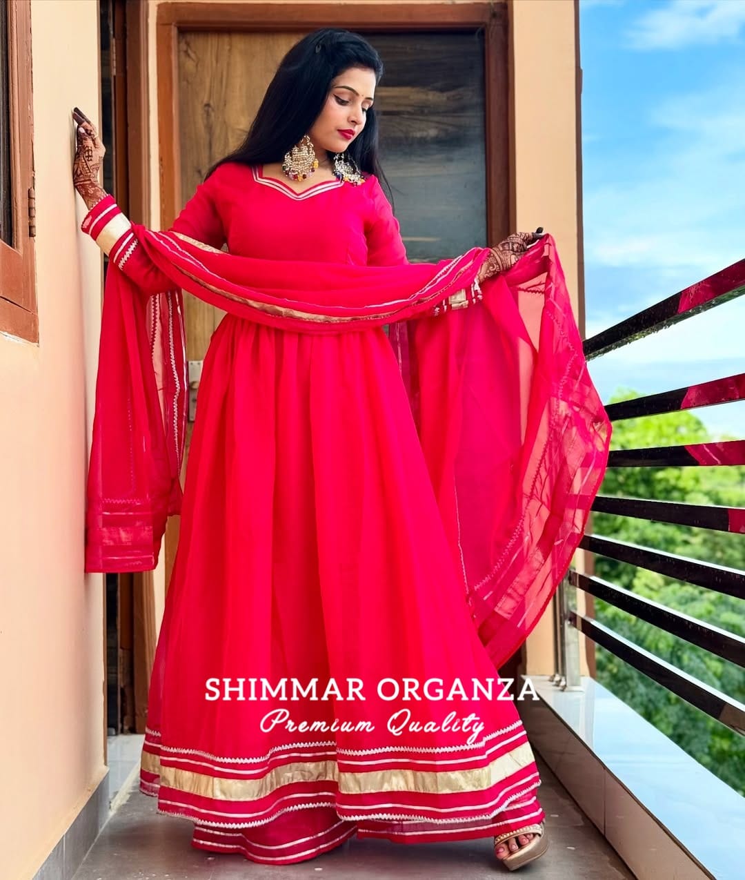 Soft & Premium Shimmer Organza Plazzo Set In Cherry Pink