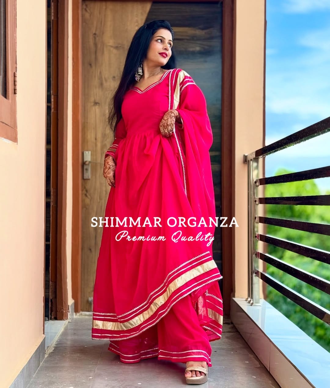 Soft & Premium Shimmer Organza Plazzo Set In Cherry Pink