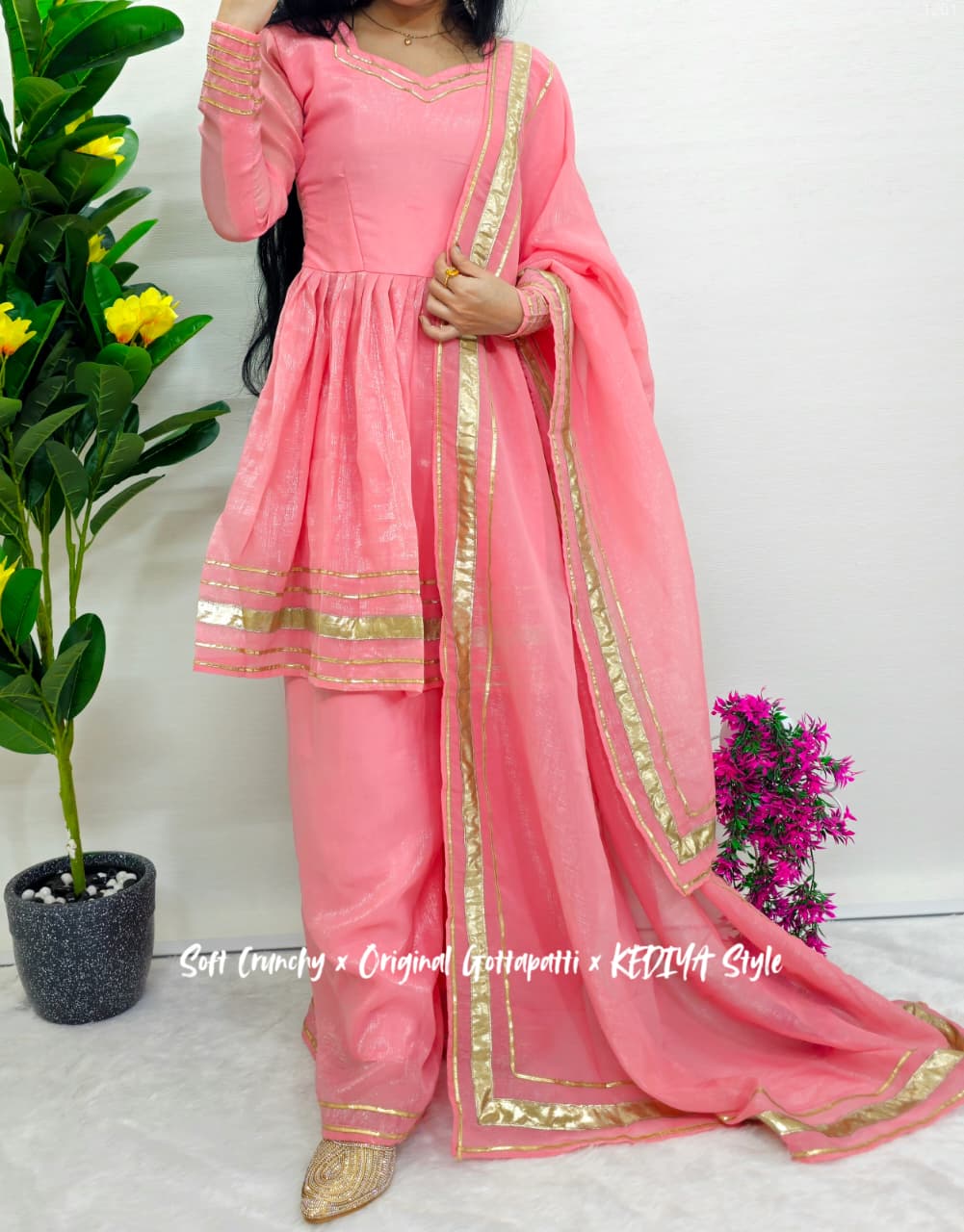 Shimmering Petal Suit Set With Eye Catching Gotta Patti Work