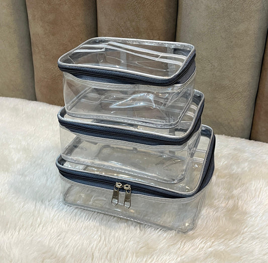 Thick PVC 3 Pcs Makeup & Toiletries Storage Set – Silver Color (.4 mm Durable PVC)  ( 3 Set )