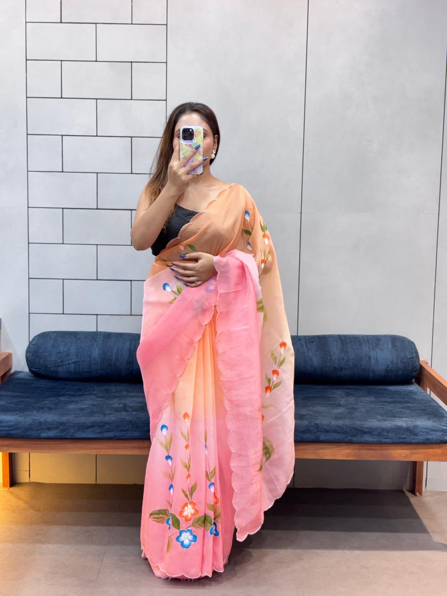 Gold Crush Hand paint Handwork Saree with Cut Dana Work & Jalpari Blouse