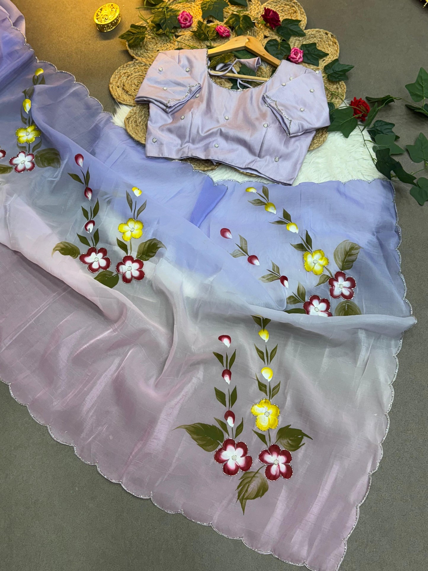 Gold Crush Hand paint Handwork Saree with Cut Dana Work & Jalpari Blouse