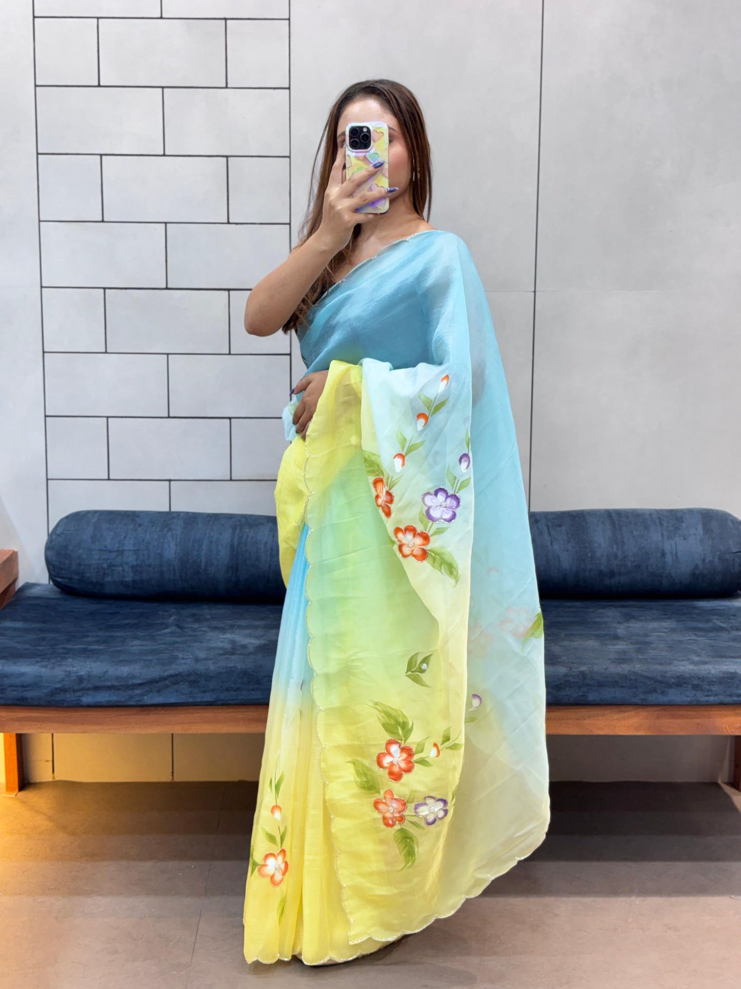 Gold Crush Hand paint Handwork Saree with Cut Dana Work & Jalpari Blouse