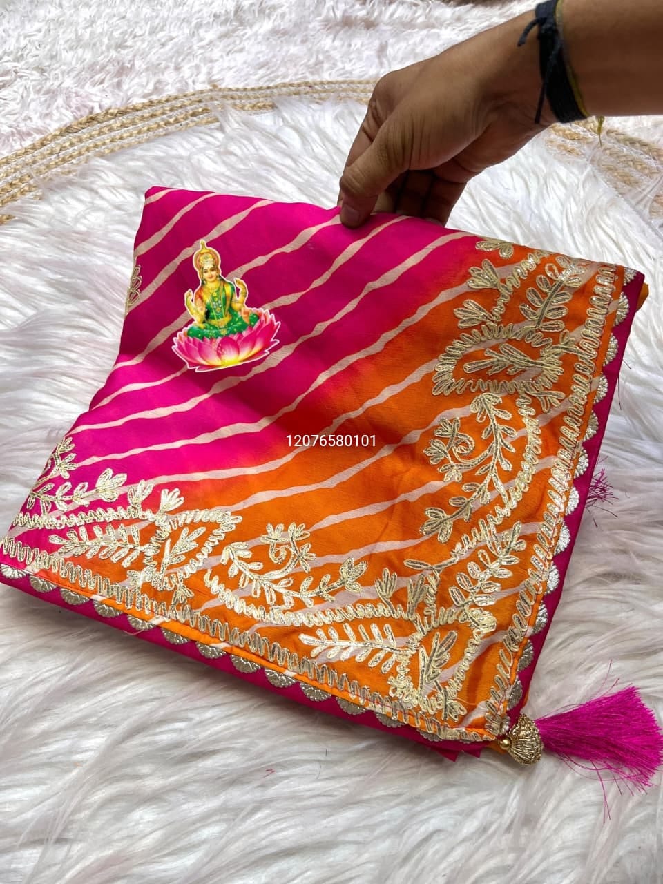 New Launching Soft Chinon Silk Leheriya Saree – Heavy C-Pallu with Ribbon Gota & Butti Work