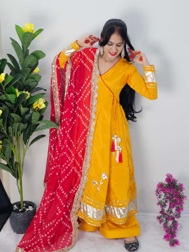 β¨ Premium Handmade Anarkali Plazzo Set with Bandhani Dupatta | Festive Wear Chinon Suit (Code: 1207)