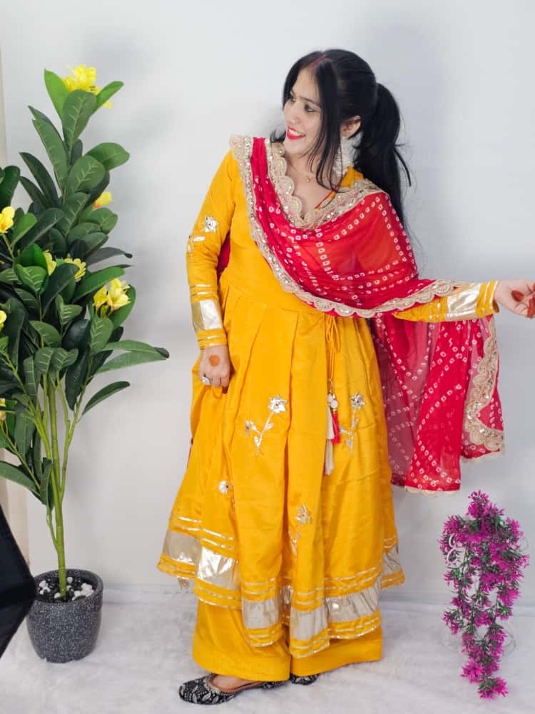 β¨ Premium Handmade Anarkali Plazzo Set with Bandhani Dupatta | Festive Wear Chinon Suit (Code: 1207)