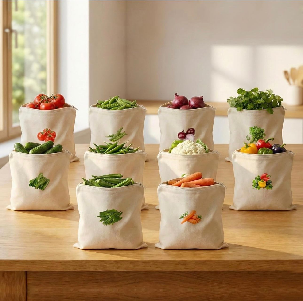 Premium Reusable Vegetable Storage Bags (Set of 10) – Eco Friendly Kitchen Organizer | 11x13 Inch Multipurpose Grocery Bags