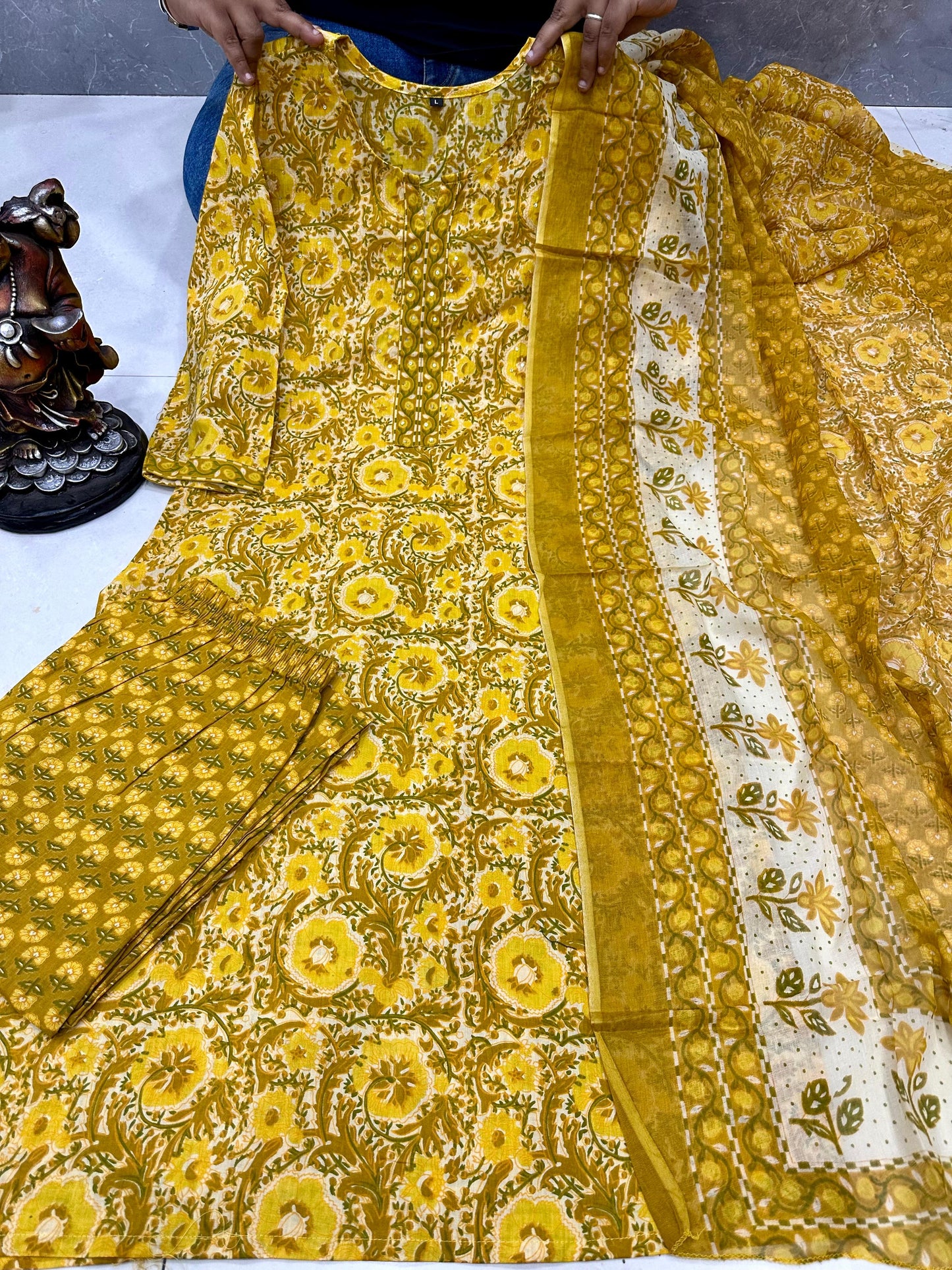 Jaipuri Cotton 3-Piece Kurta Set with Mulmul Cotton Dupatta for Women