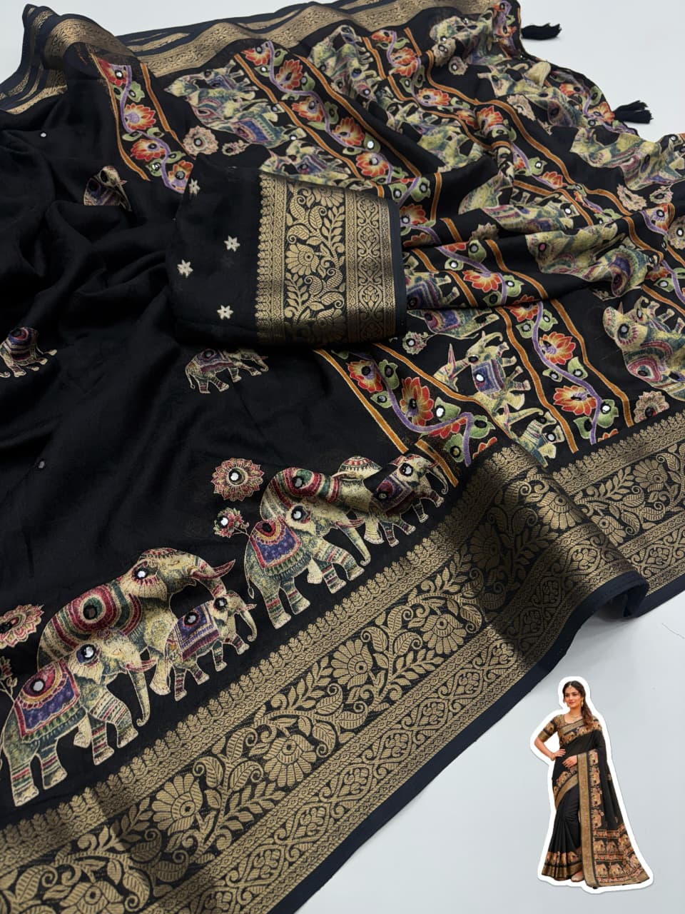 Premium Pure Marsh Mellow Silk Saree with Aari Mirror Work & Rich Pallu | Elephant Print Designer Saree for Women