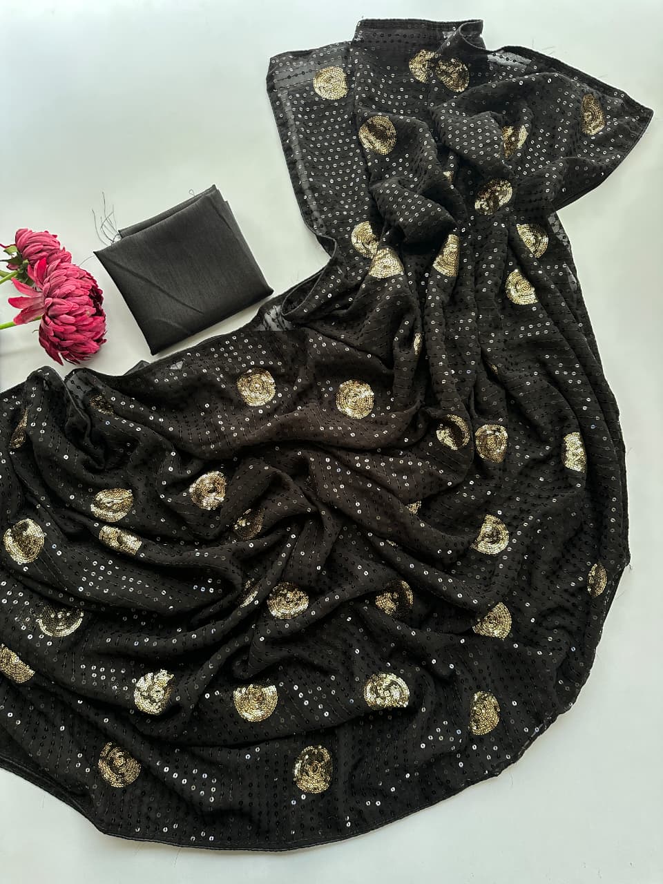 Sophie Choudry Inspired Black Faux Georgette Sequins Saree