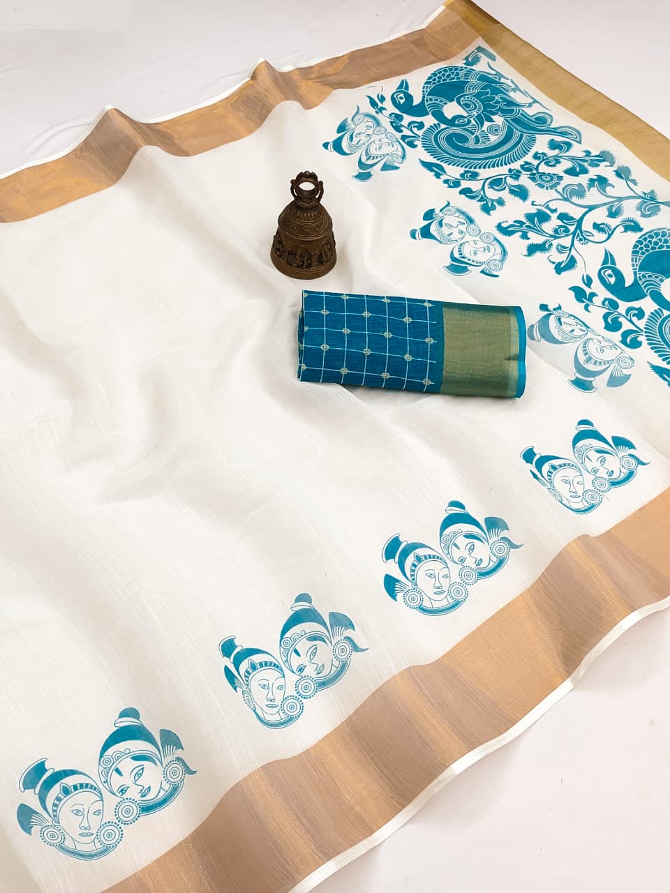 Onam Special Linen Saree with Gold Jari Border & Digital Print | Traditional Kerala Style Saree