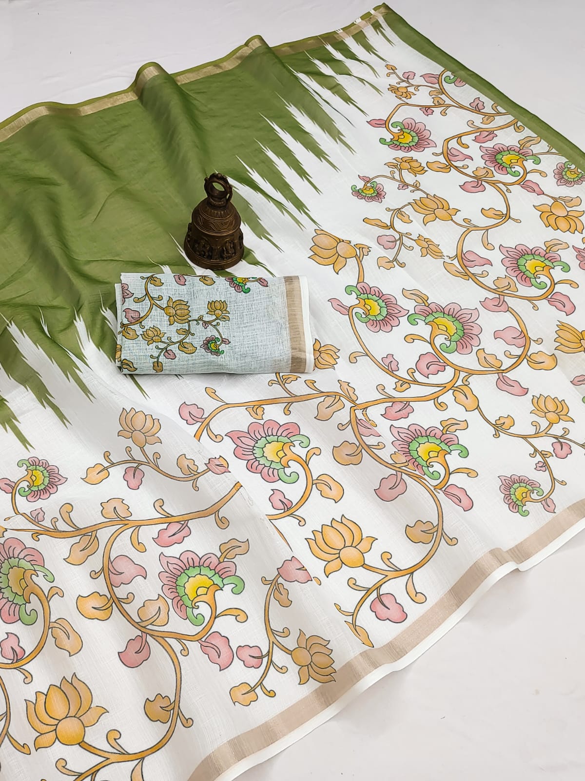 Linen Saree with Gold Jari Border & Digital Print | Elegant Festive & Office Wear Saree