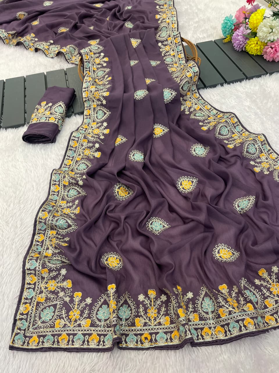 Pure Soft Star Georgette Silk Saree with Sequin Thread Embroidery & Piping Border | LF-864