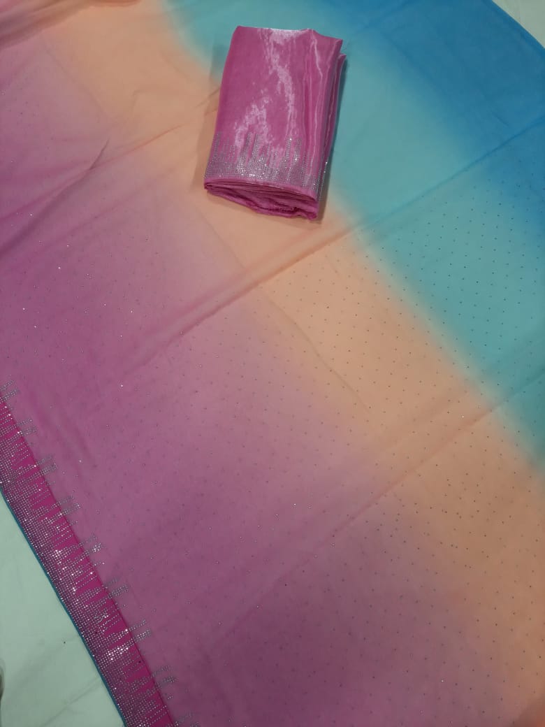 Soft georgette padding saree with beads work all over saree n border WITH BACK SUPPORT LESS