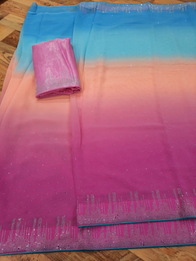 Soft georgette padding saree with beads work all over saree n border WITH BACK SUPPORT LESS