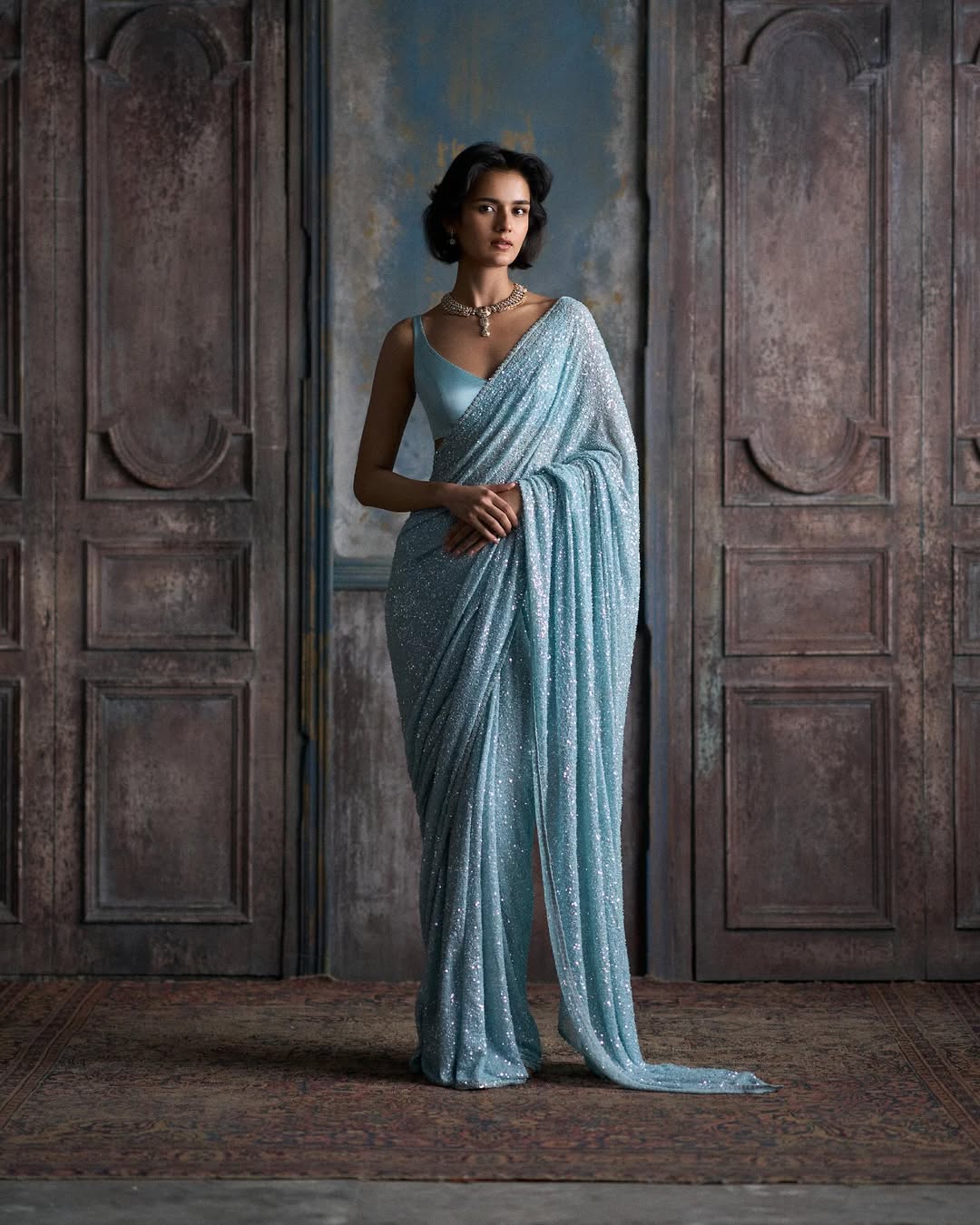 New Bollywood Blockbuster 3MM & 5MM Sequins Faux Georgette Saree
