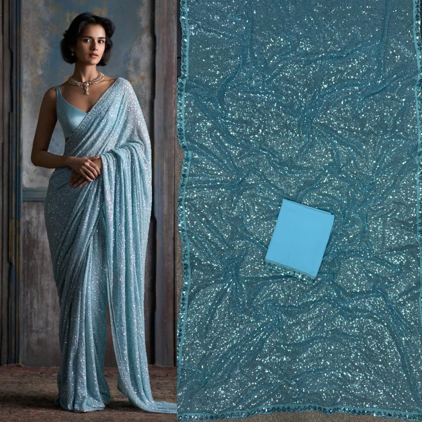 New Bollywood Blockbuster 3MM & 5MM Sequins Faux Georgette Saree
