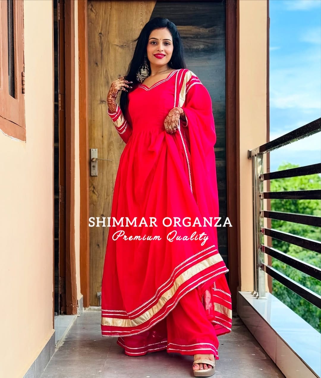 Soft & Premium Shimmer Organza Plazzo Set In Cherry Pink
