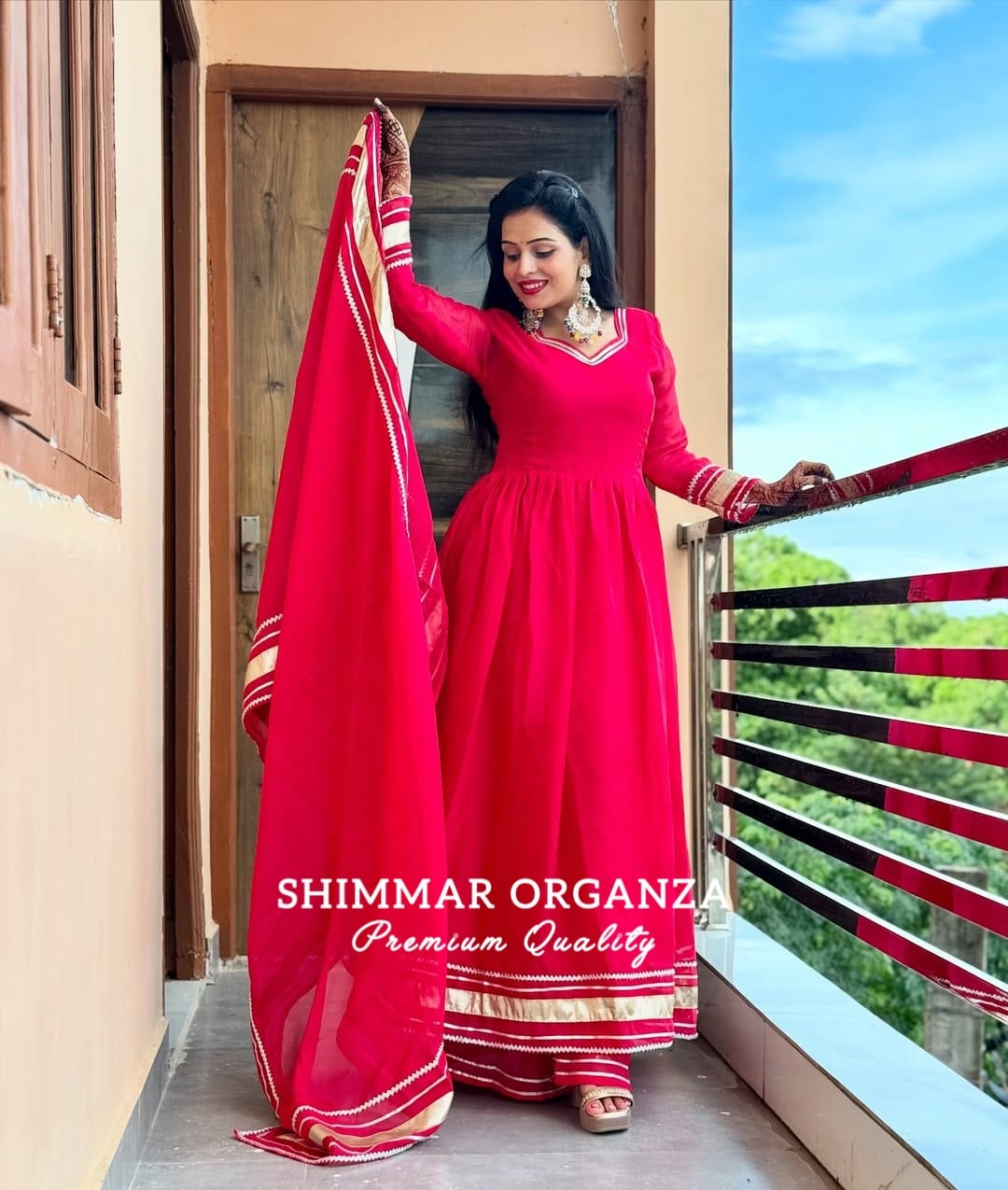Soft & Premium Shimmer Organza Plazzo Set In Cherry Pink