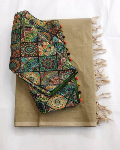 Superhit Kalamkari Ekkat Print Saree | Chanderi Readymade Blouse