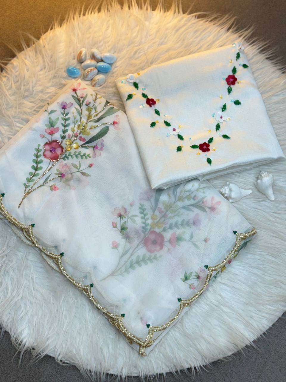 Celebrity Style Organza Saree | Handwork Tabi Flower Saree