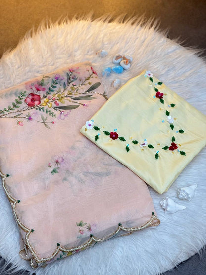 Celebrity Style Organza Saree | Handwork Tabi Flower Saree