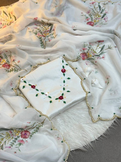 Celebrity Style Organza Saree | Handwork Tabi Flower Saree