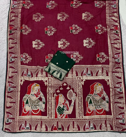 Karwa Chouth Special Dola Silk Saree with Hand Dyeing & Zarkhan Work – New Launch