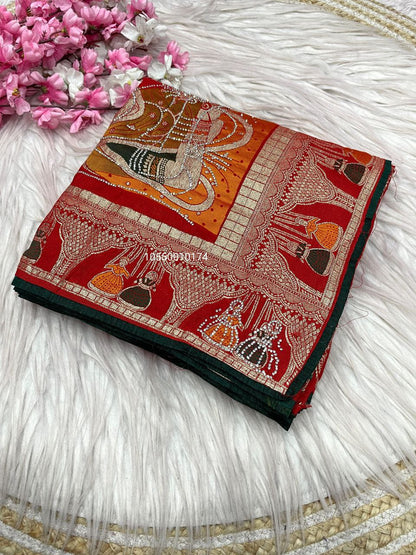 Karwa Chouth Special Dola Silk Saree with Hand Dyeing & Zarkhan Work – New Launch