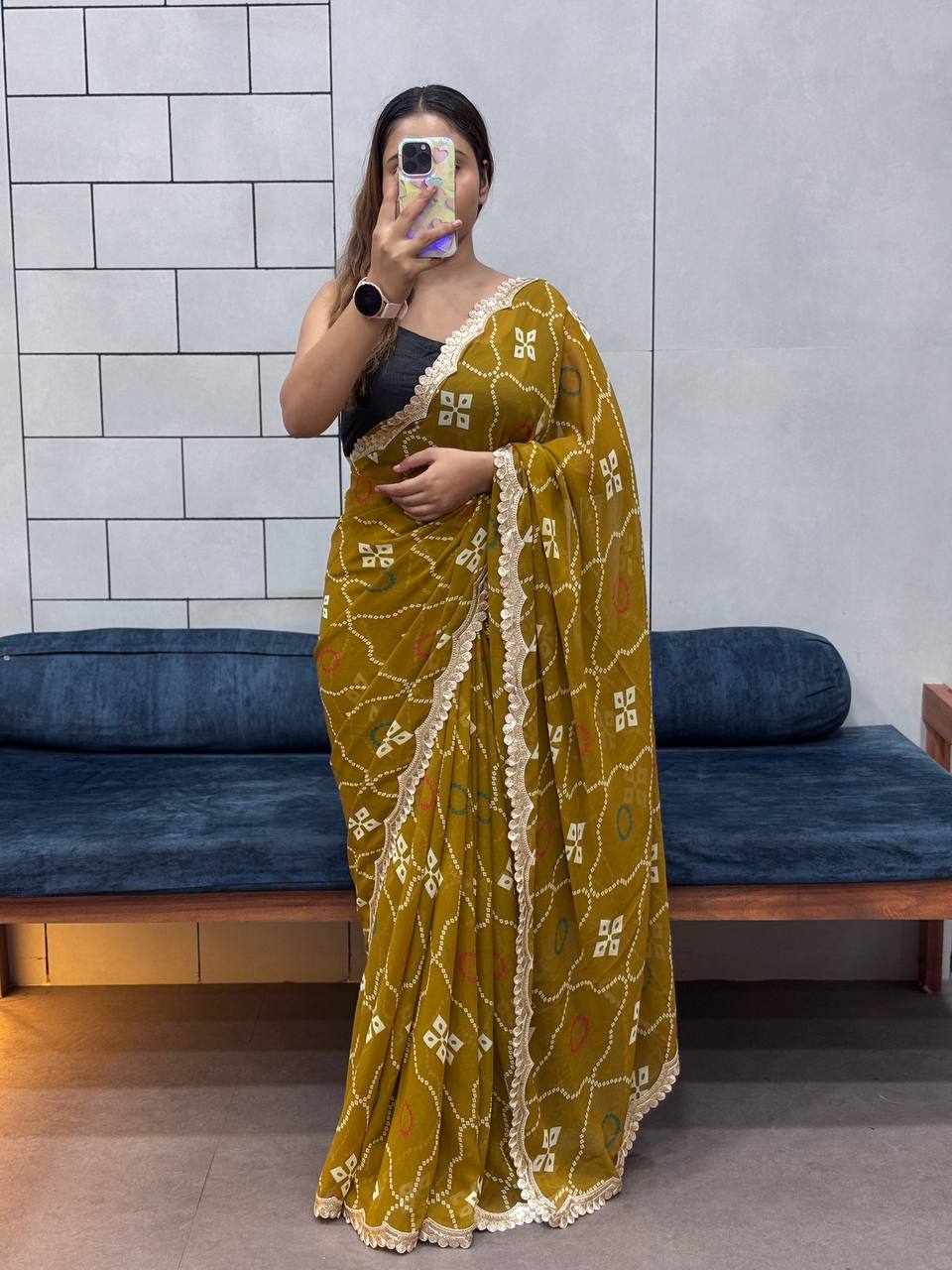 Special Leriya Print Bandhej Saree – Soft Georgette with Embroidery Sequence Lace