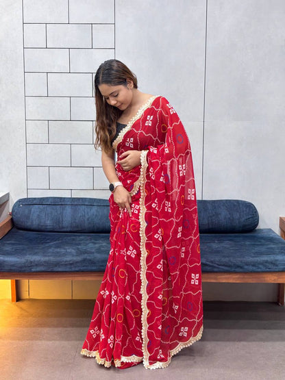 Special Leriya Print Bandhej Saree – Soft Georgette with Embroidery Sequence Lace