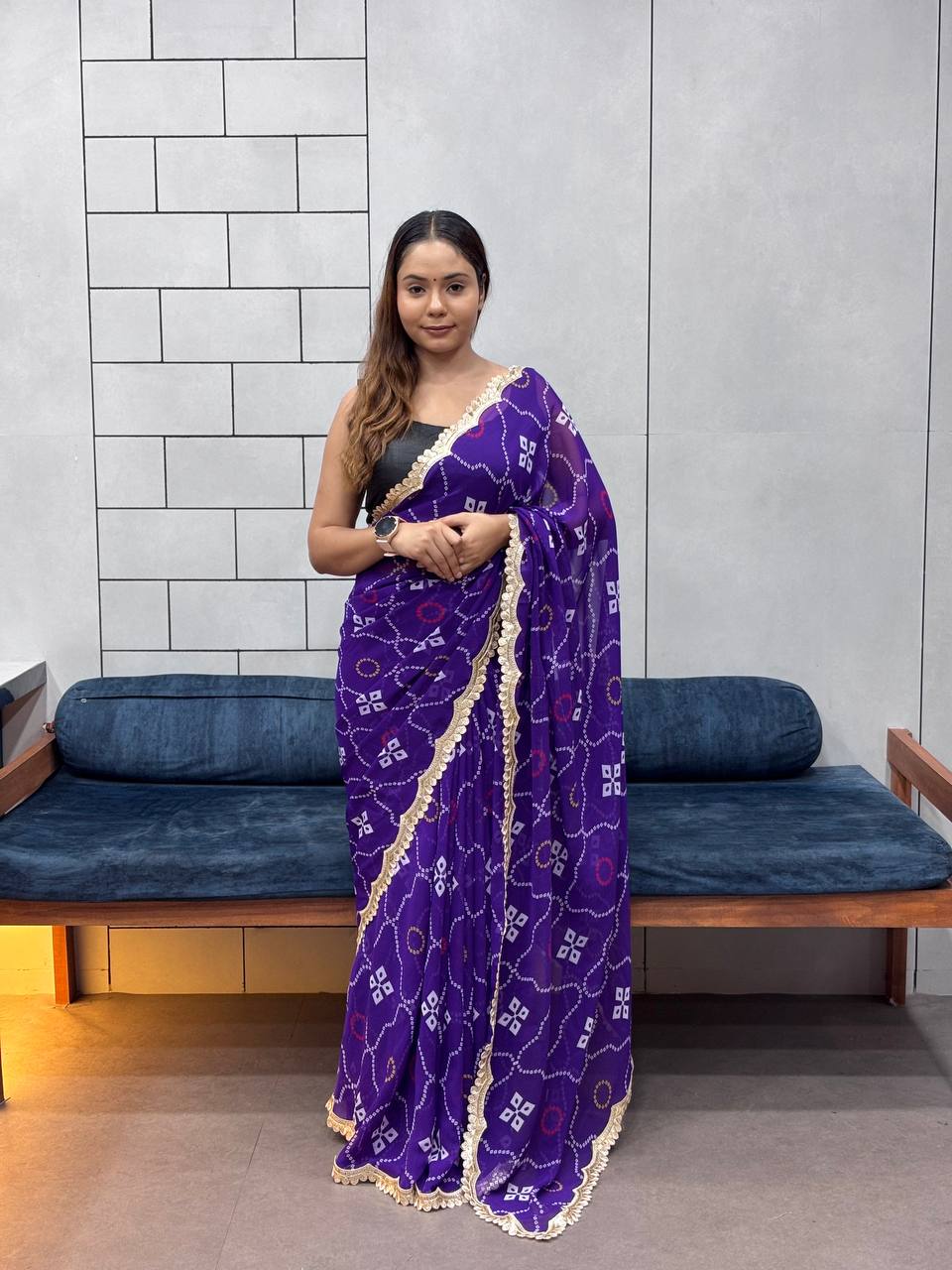 Special Leriya Print Bandhej Saree – Soft Georgette with Embroidery Sequence Lace