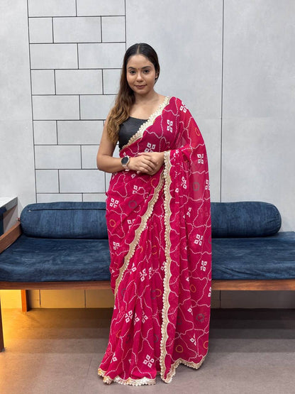 Special Leriya Print Bandhej Saree – Soft Georgette with Embroidery Sequence Lace