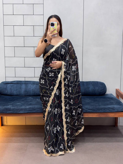 Special Leriya Print Bandhej Saree – Soft Georgette with Embroidery Sequence Lace