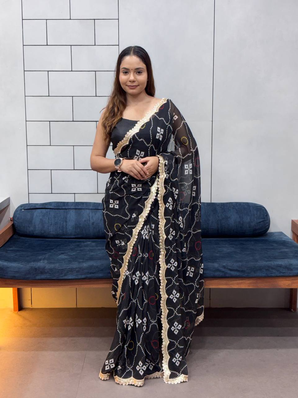 Special Leriya Print Bandhej Saree – Soft Georgette with Embroidery Sequence Lace