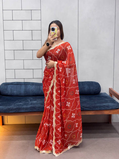 Special Leriya Print Bandhej Saree – Soft Georgette with Embroidery Sequence Lace