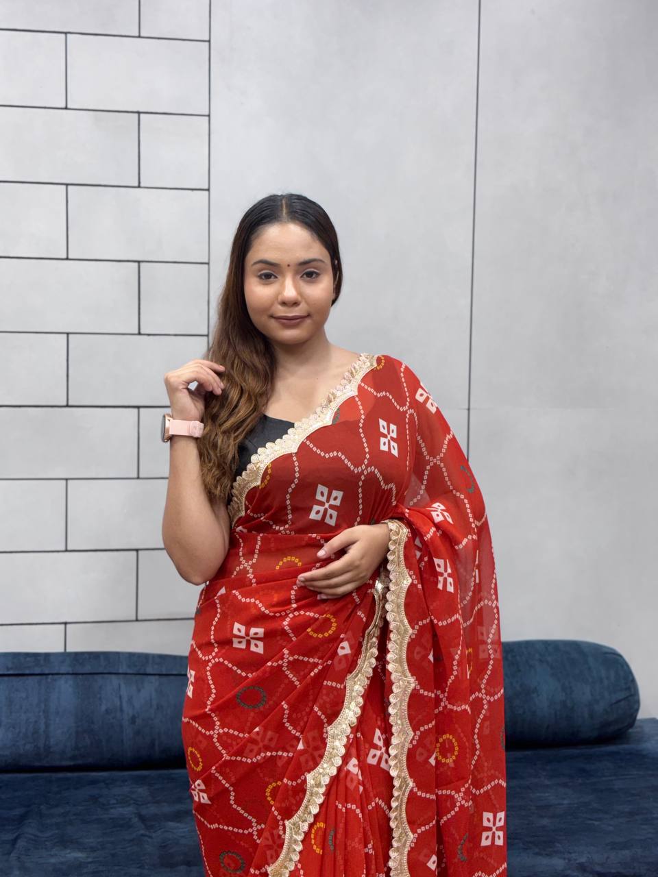 Special Leriya Print Bandhej Saree – Soft Georgette with Embroidery Sequence Lace