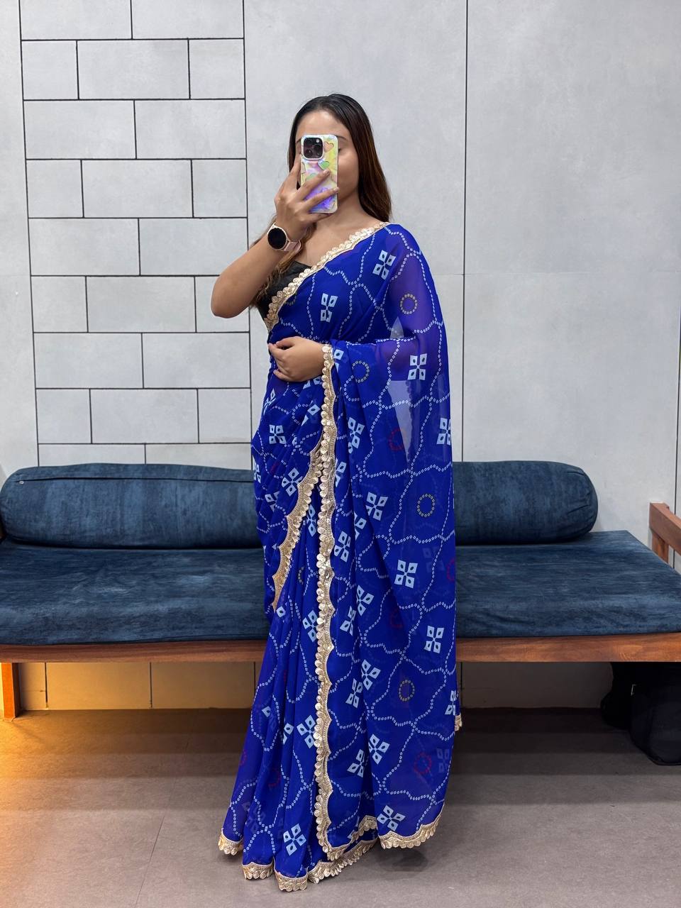 Special Leriya Print Bandhej Saree – Soft Georgette with Embroidery Sequence Lace