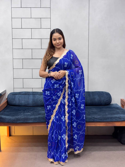 Special Leriya Print Bandhej Saree – Soft Georgette with Embroidery Sequence Lace