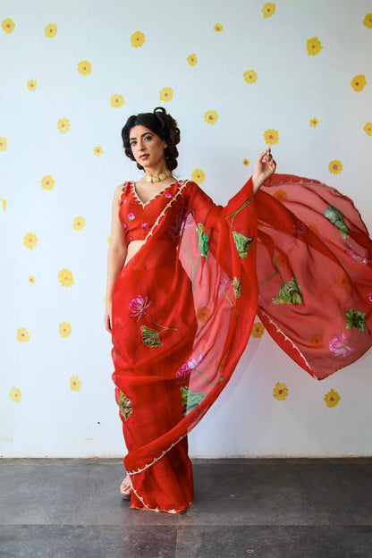 Super Hit Soft Tabi Organza Saree – Celebrity Style Handwork with Cut Dana & Moti Border