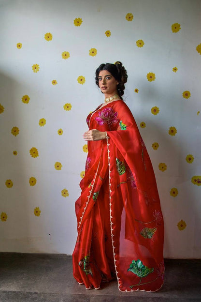 Super Hit Soft Tabi Organza Saree – Celebrity Style Handwork with Cut Dana & Moti Border