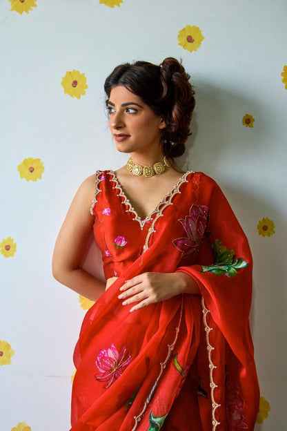 Super Hit Soft Tabi Organza Saree – Celebrity Style Handwork with Cut Dana & Moti Border