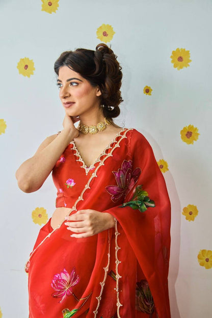 Super Hit Soft Tabi Organza Saree – Celebrity Style Handwork with Cut Dana & Moti Border