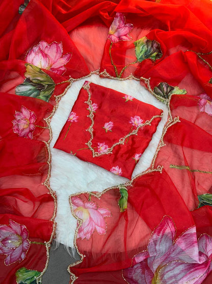 Super Hit Soft Tabi Organza Saree – Celebrity Style Handwork with Cut Dana & Moti Border