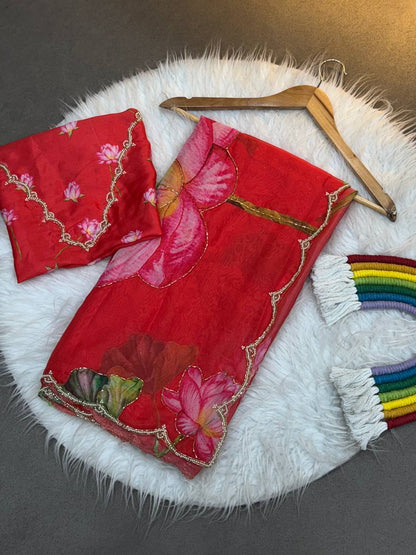 Super Hit Soft Tabi Organza Saree – Celebrity Style Handwork with Cut Dana & Moti Border